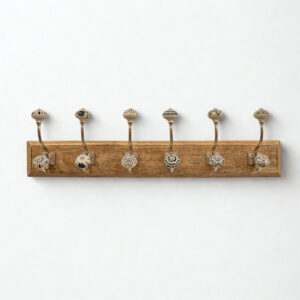 6 Black Hooks on Wooden Base