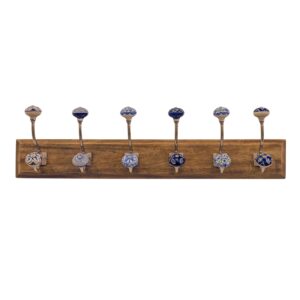 6 Blue Hooks on Wooden Base