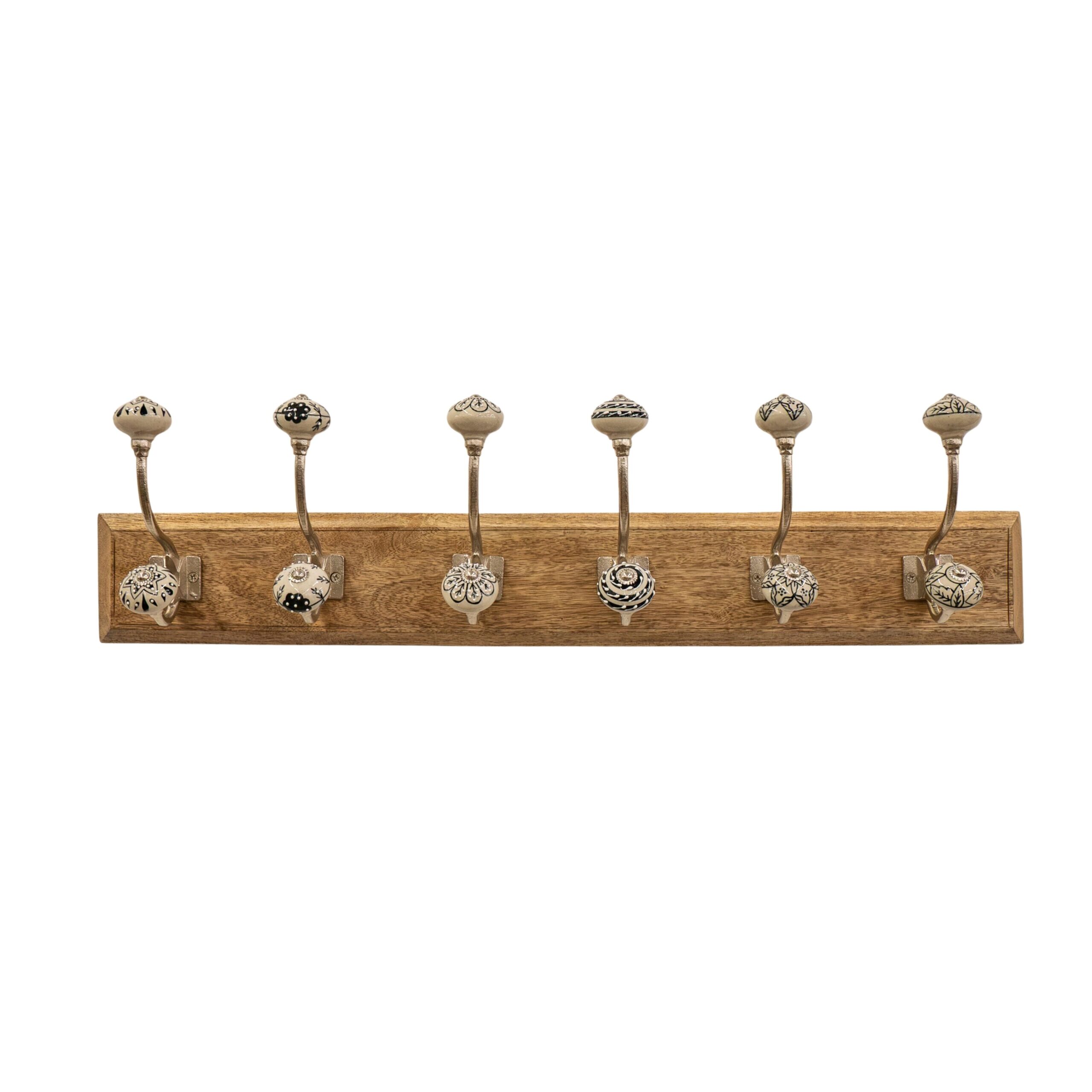 6 Black Hooks on Wooden Base