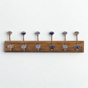 6 Blue Hooks on Wooden Base