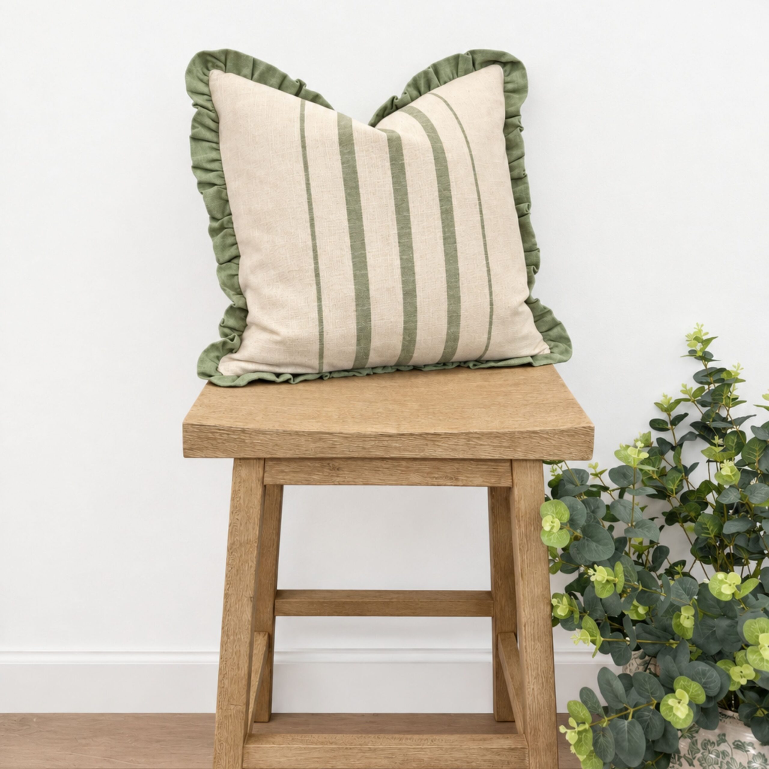 Green Stripe Ruffle Edge Cushion