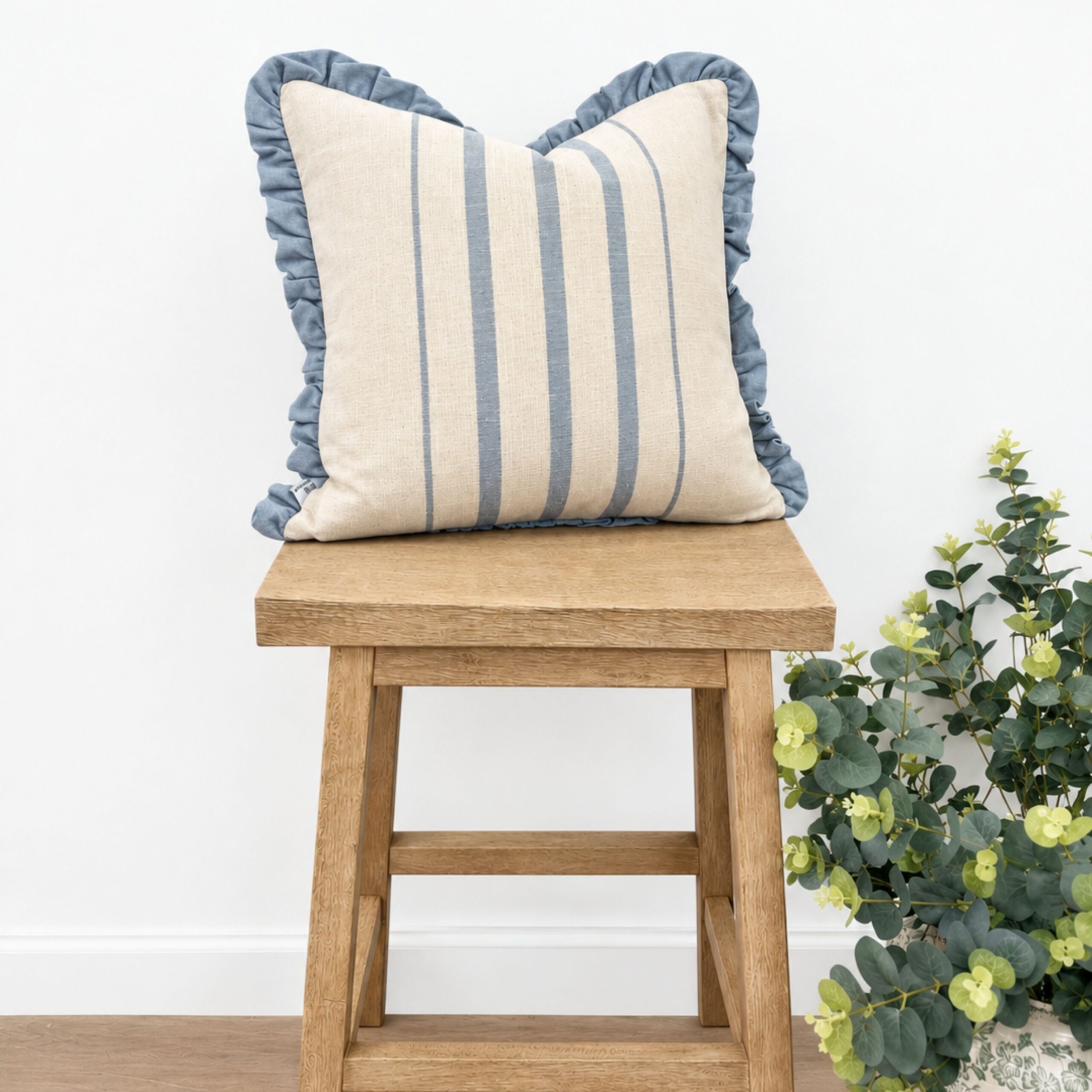 Blue Stripe Ruffle Edge Cushion