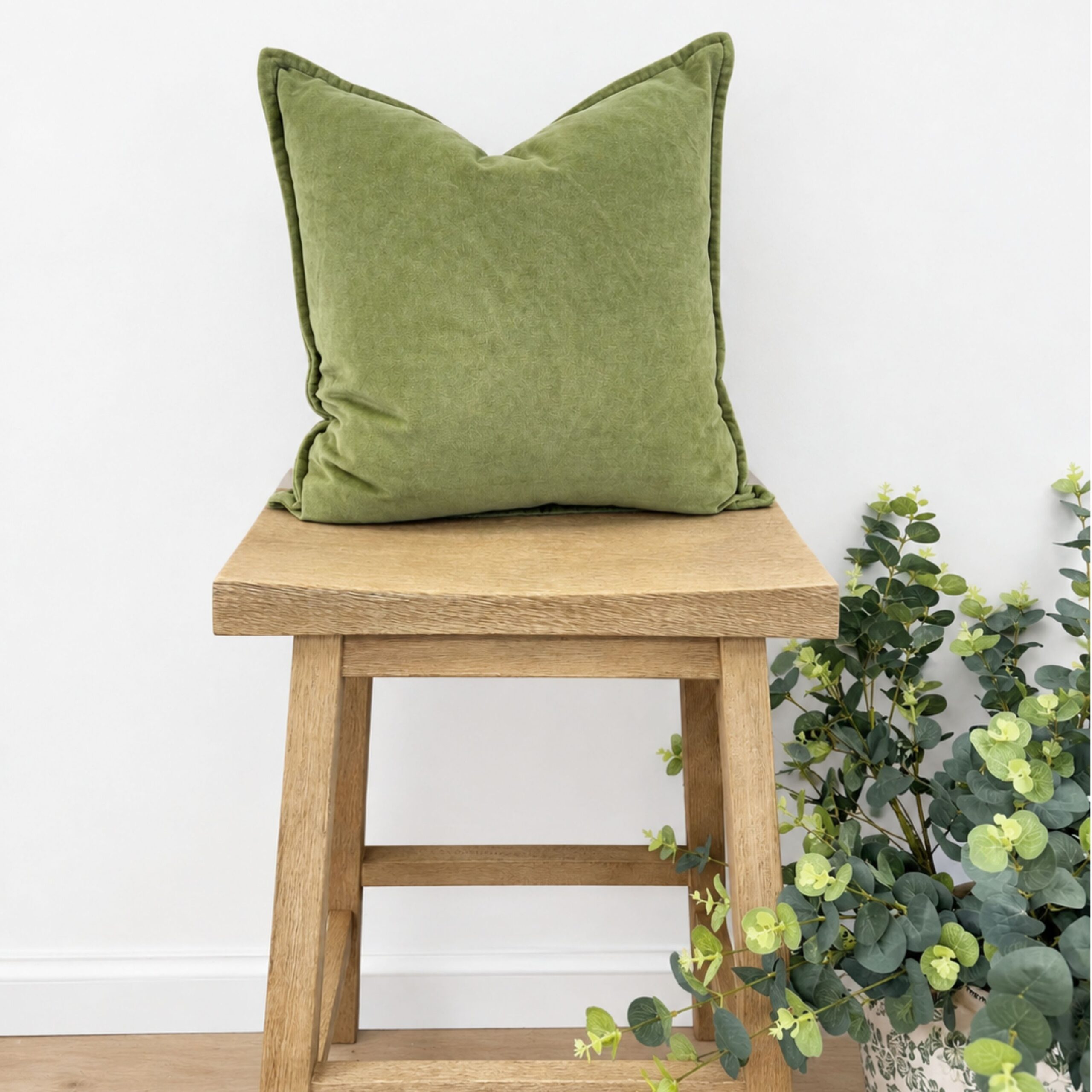 Washed Cotton Velvet Cushion in Sage Green