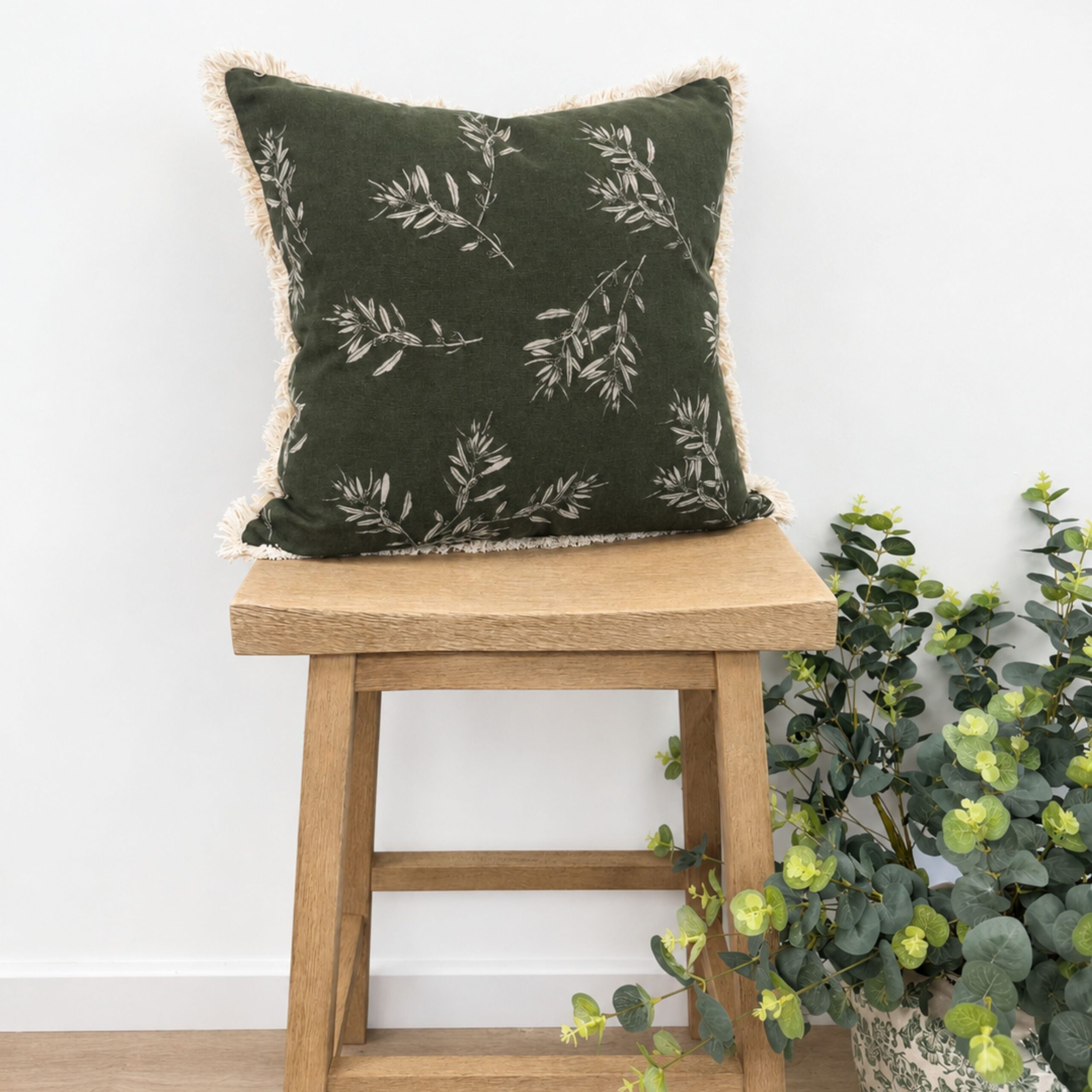 Olive Branch Cushion in Forest Green